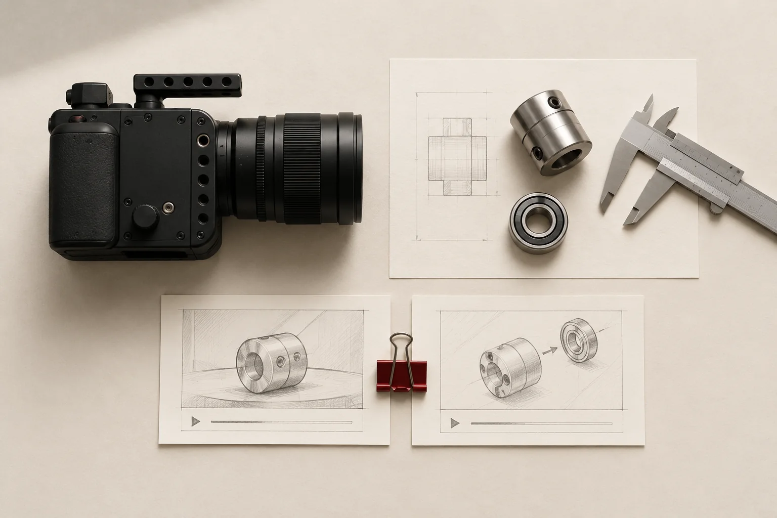 Editorial flat lay of a black camera, industrial metal components and storyboard cards on an ivory tabletop.