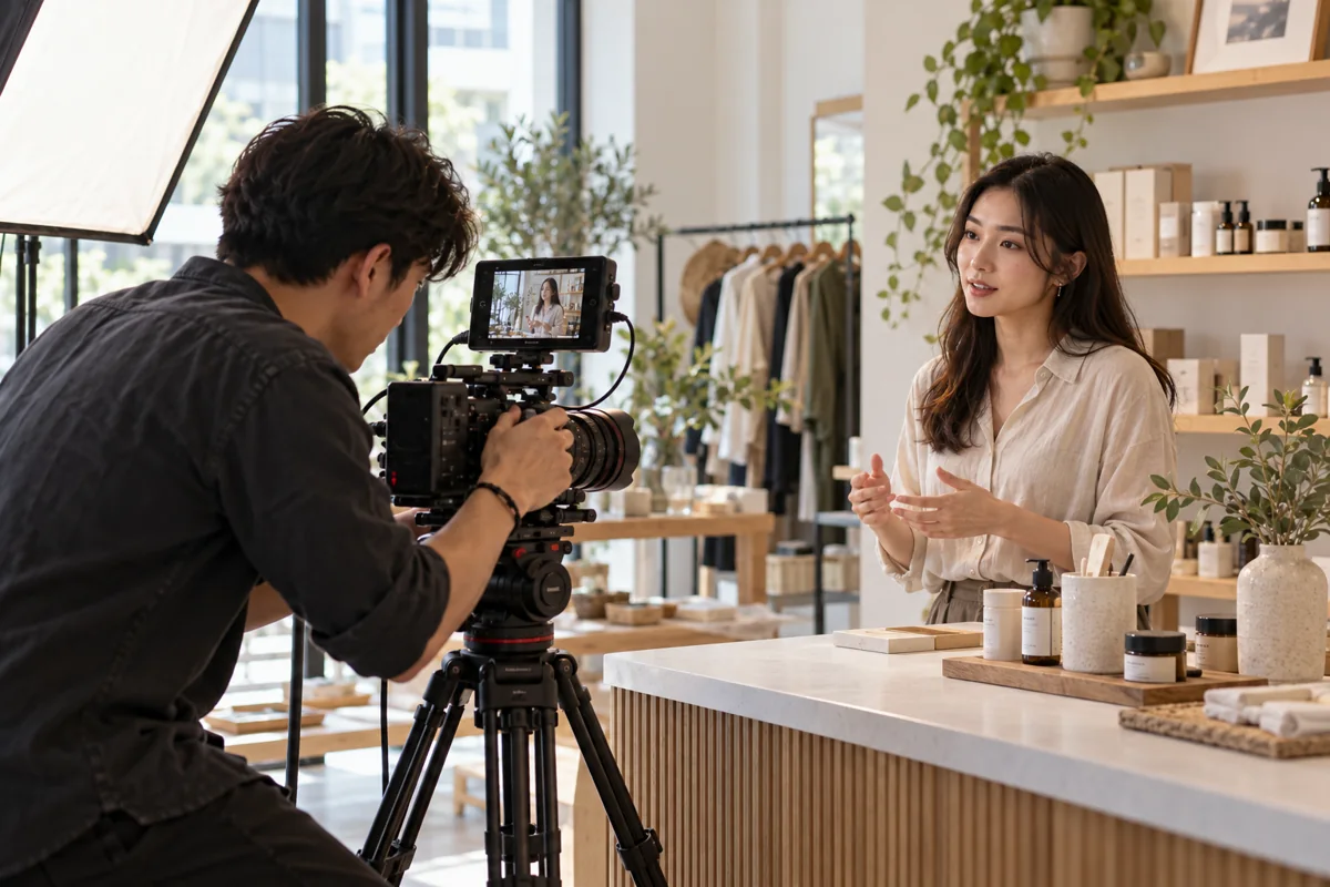 Illustrative brand content filming with a business owner in a bright retail showroom.