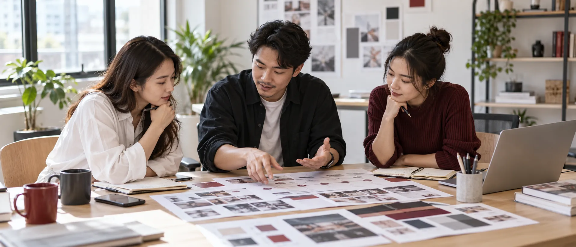 Illustrative marketing team discussing campaign strategy and a customer journey