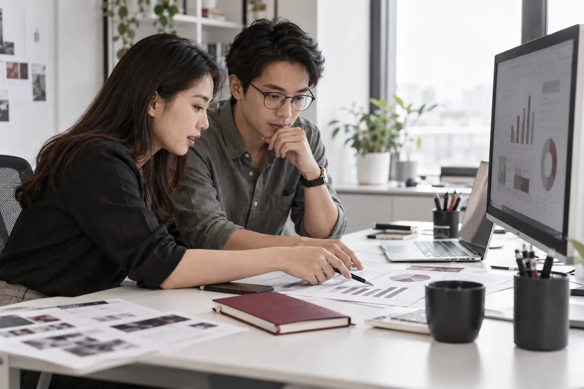 Illustrative marketing specialists reviewing campaign charts together