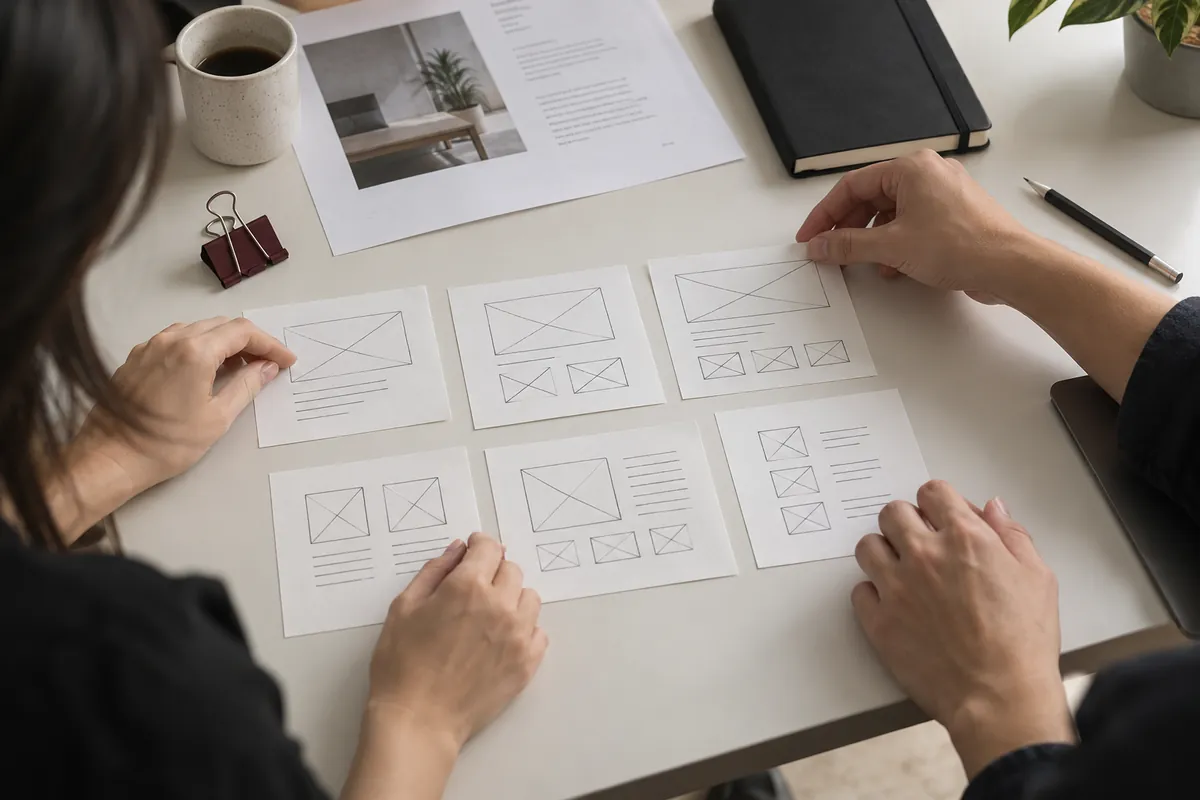 Illustrative hands arranging content and website planning cards