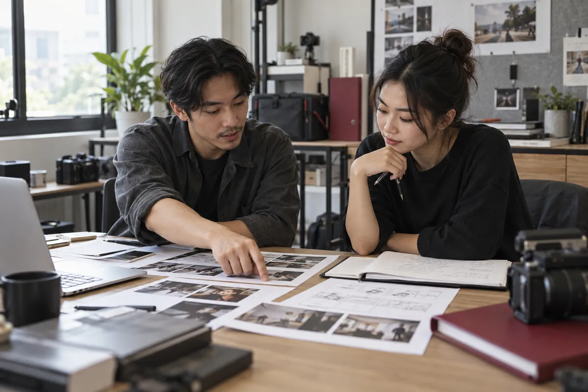 Illustrative creative producers reviewing storyboards and a production plan