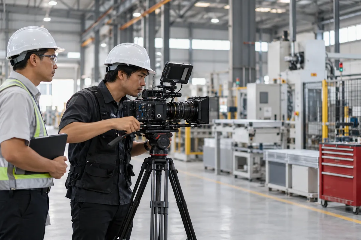 Illustrative production crew filming safely at an industrial location