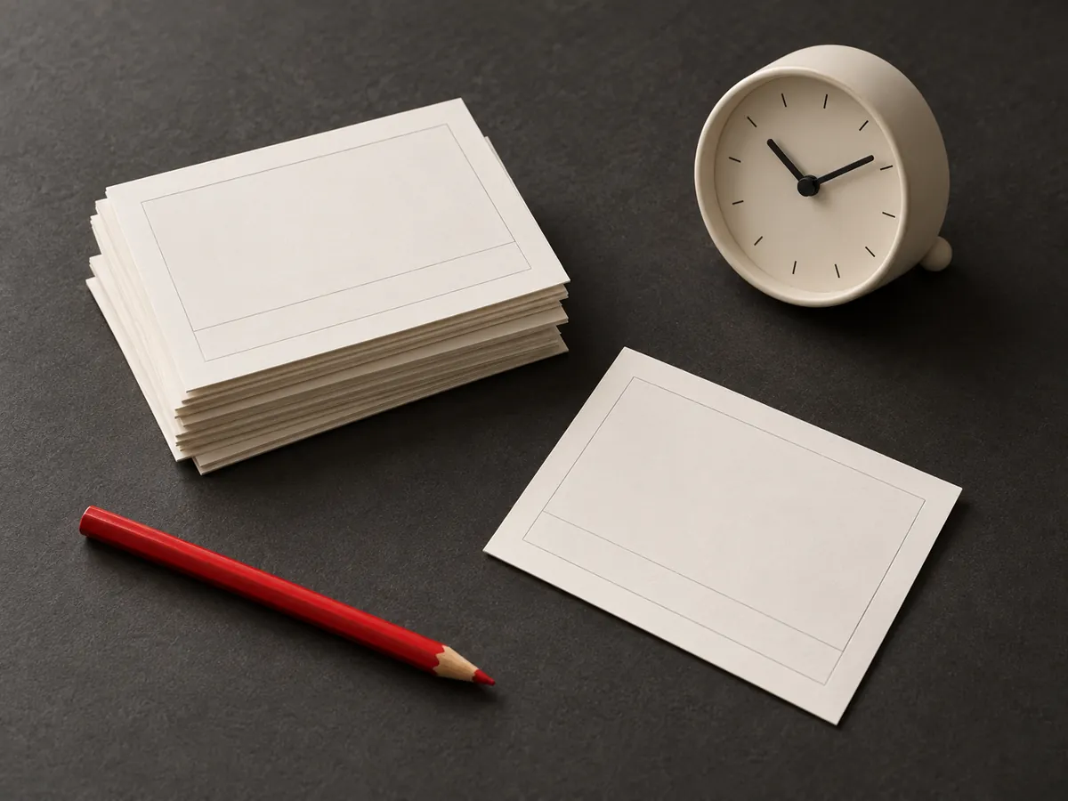 Editorial still life of creative cards, a clock and a red pencil