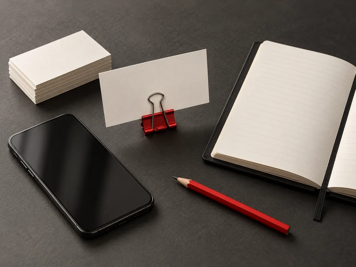 Editorial still life of contact cards, a notebook and a red qualification clip