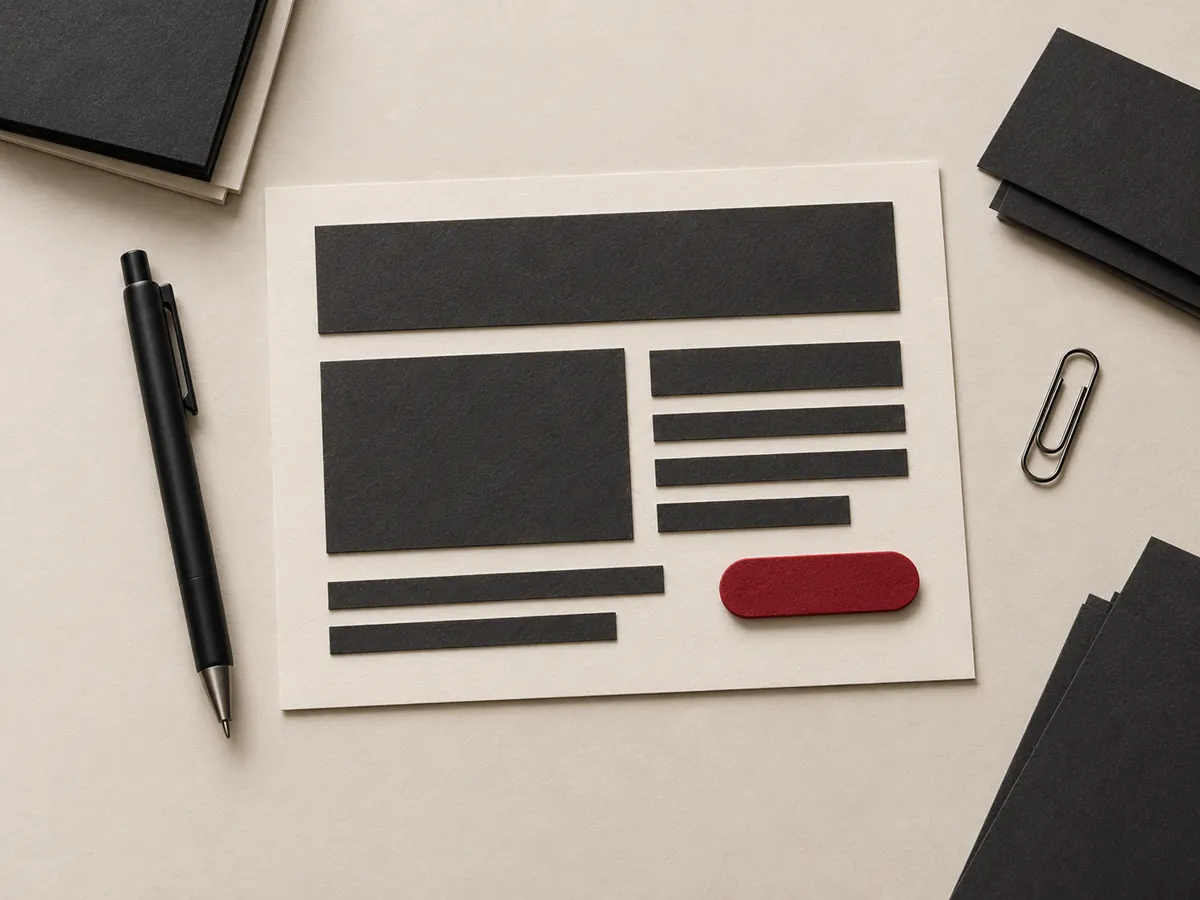 Editorial paper website composition with a red enquiry tab