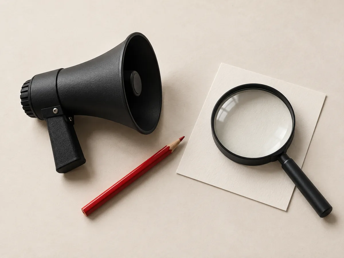 Editorial still life of a megaphone, magnifying glass and red pencil