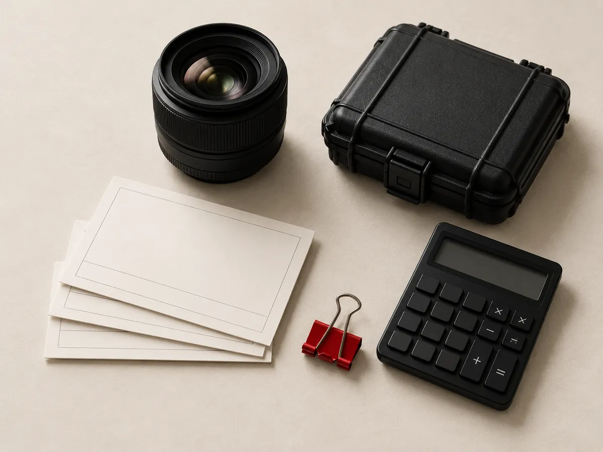Editorial still life of camera equipment, budget cards and a calculator