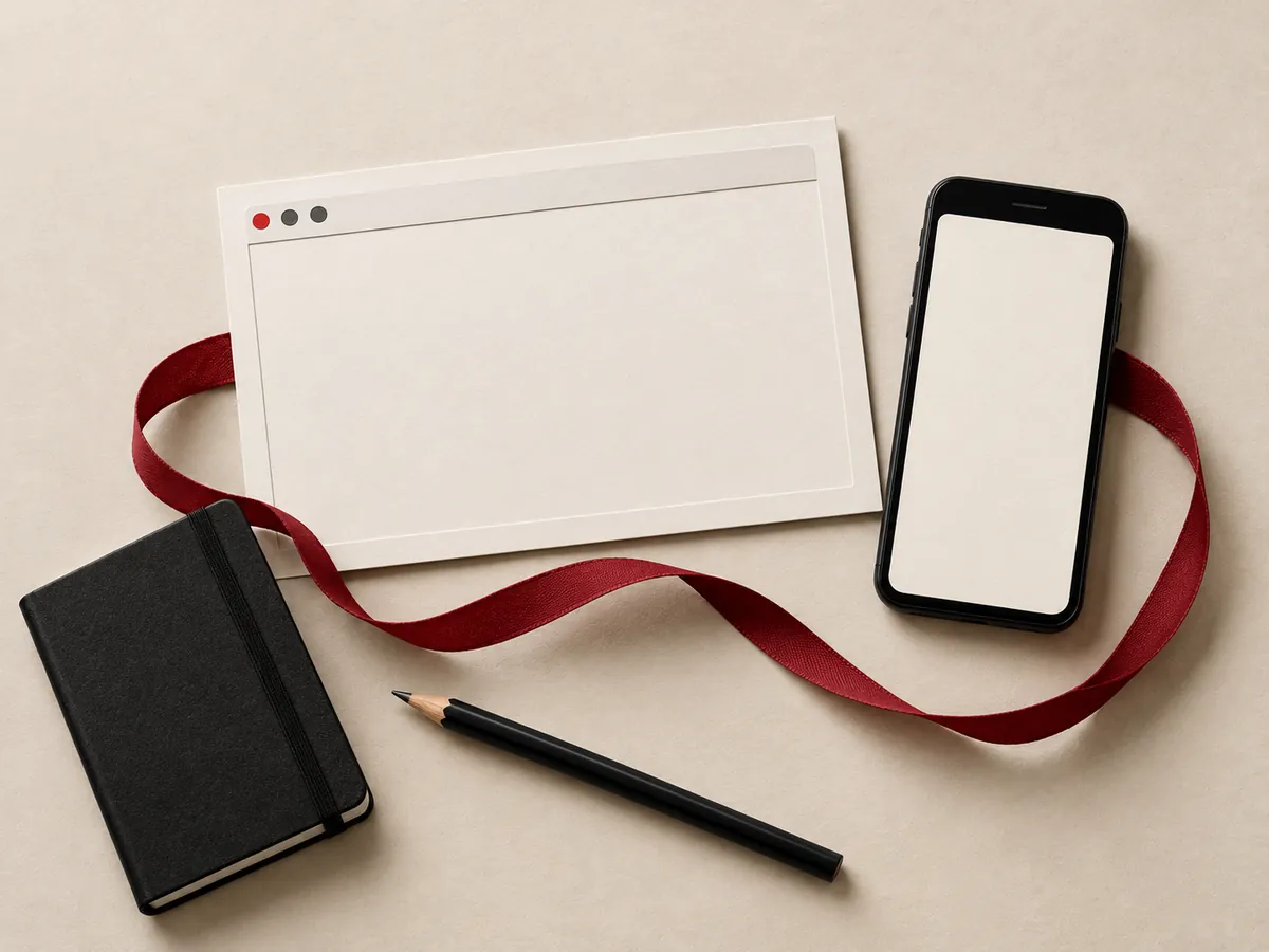Editorial still life of a paper browser frame connected to a phone by a red ribbon