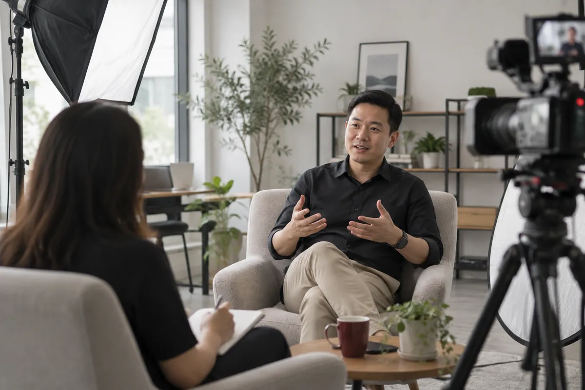 Illustrative business interview with a camera and lighting setup