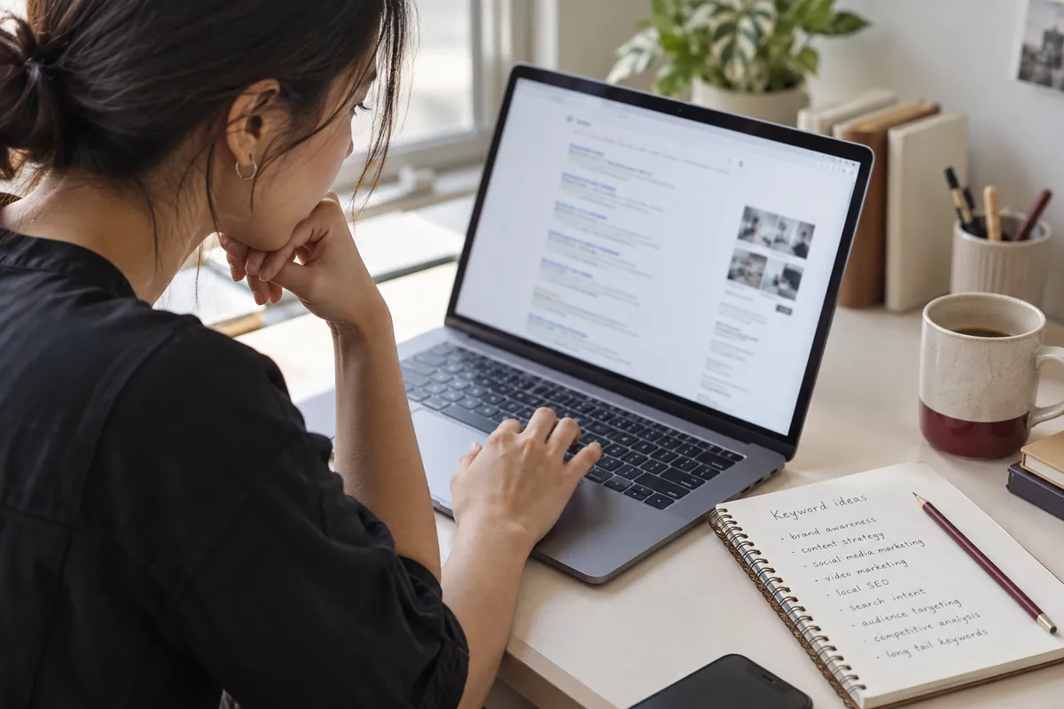 Illustrative marketer researching search intent and keywords on a laptop
