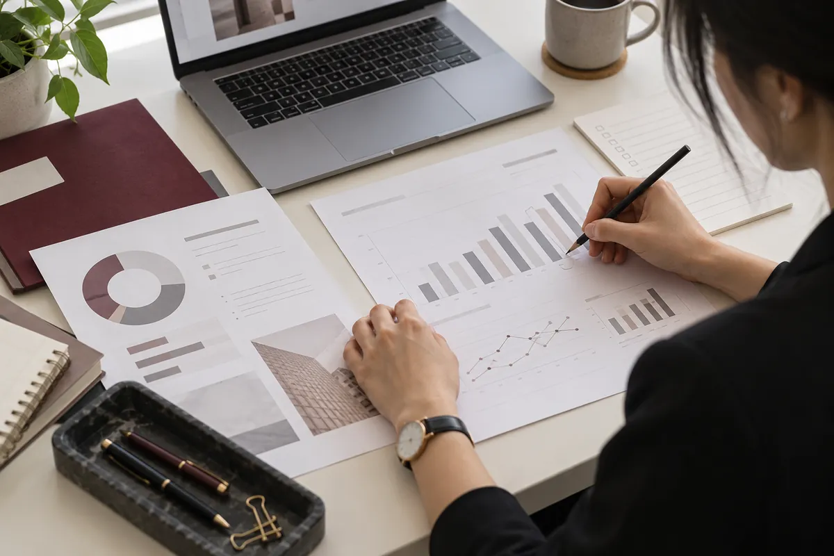 Illustrative specialist reviewing reports and measurement notes