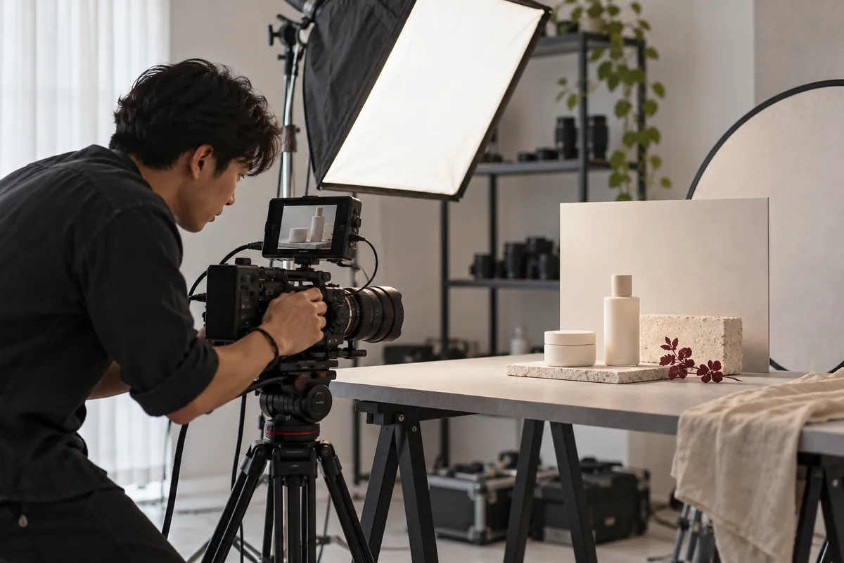 Illustrative camera operator filming products in a compact studio