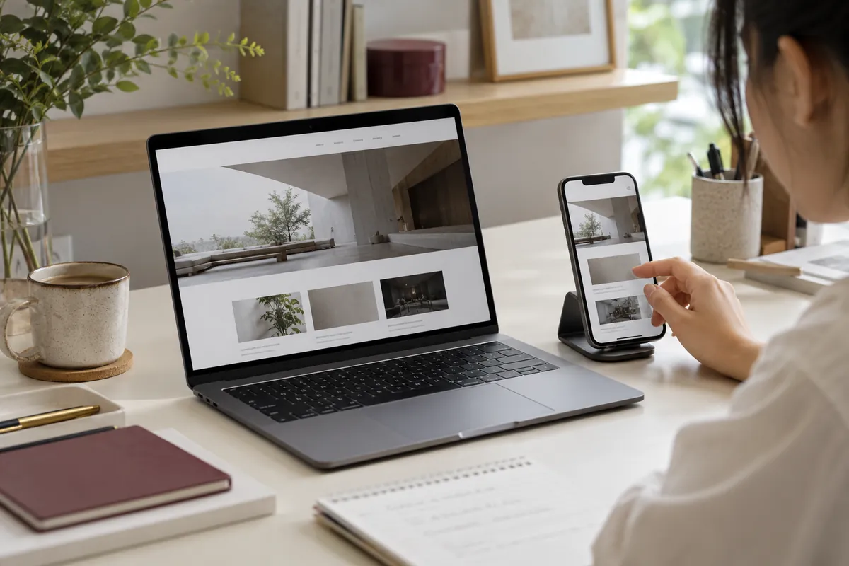Illustrative responsive business website shown on a laptop and smartphone