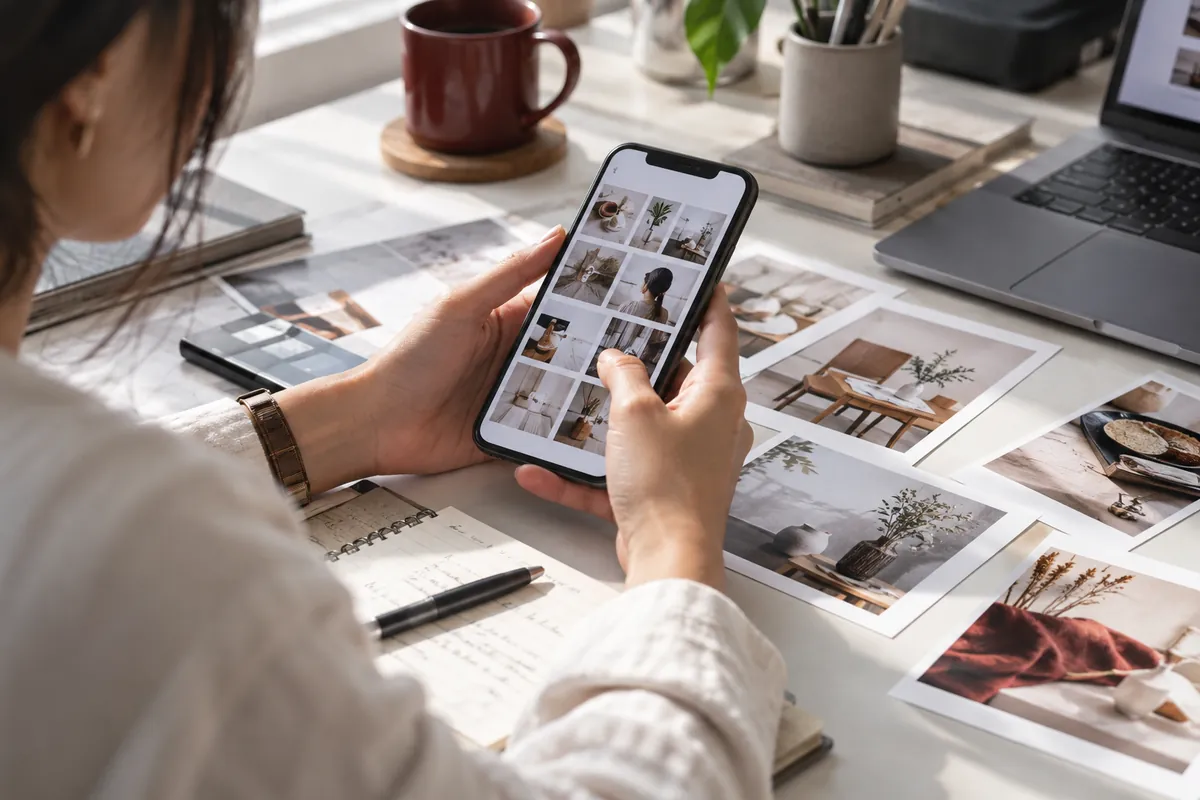 Illustrative creative producer reviewing a social content grid on a smartphone