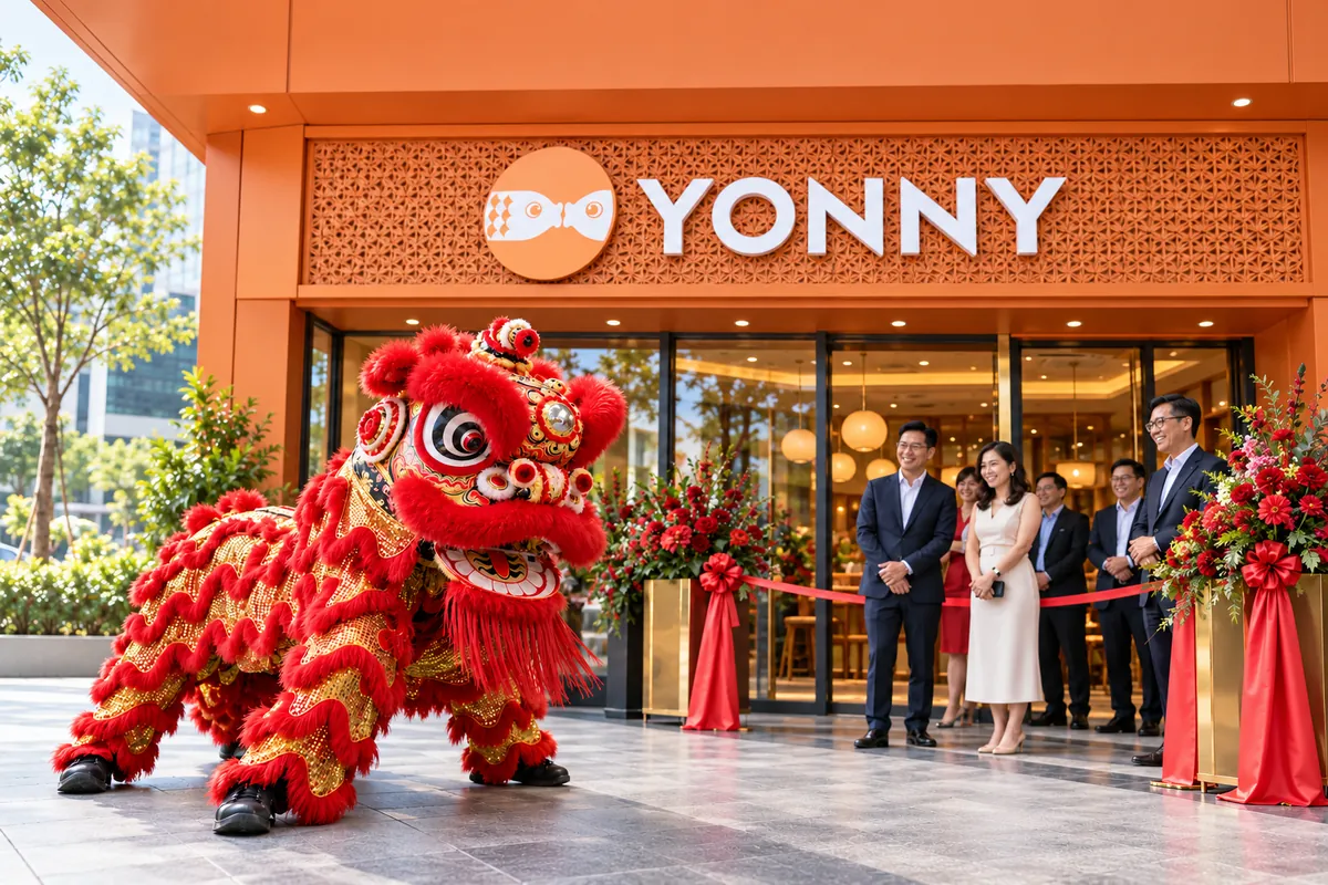 Illustrative YONNY opening celebration with its orange fish logo and restaurant sign