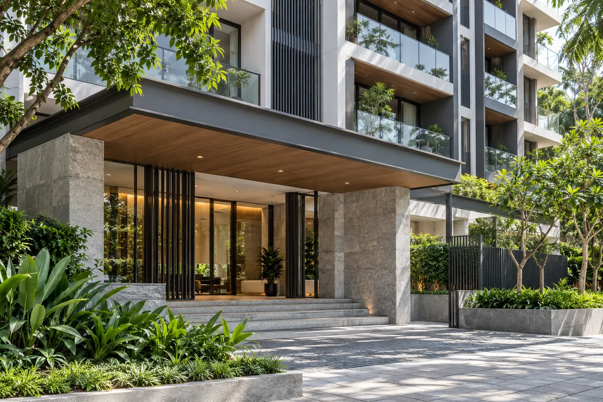 Illustrative tropical urban residential entrance and architecture