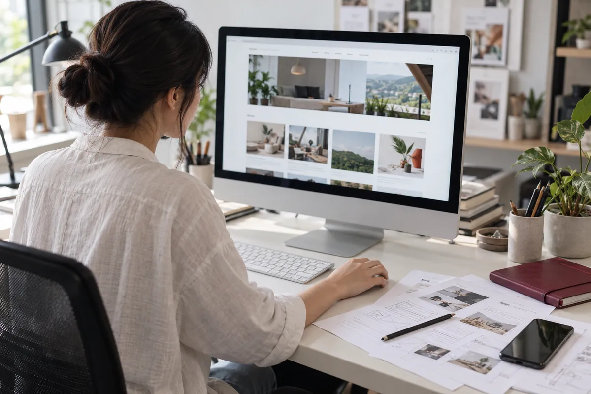Illustrative designer developing a business website layout