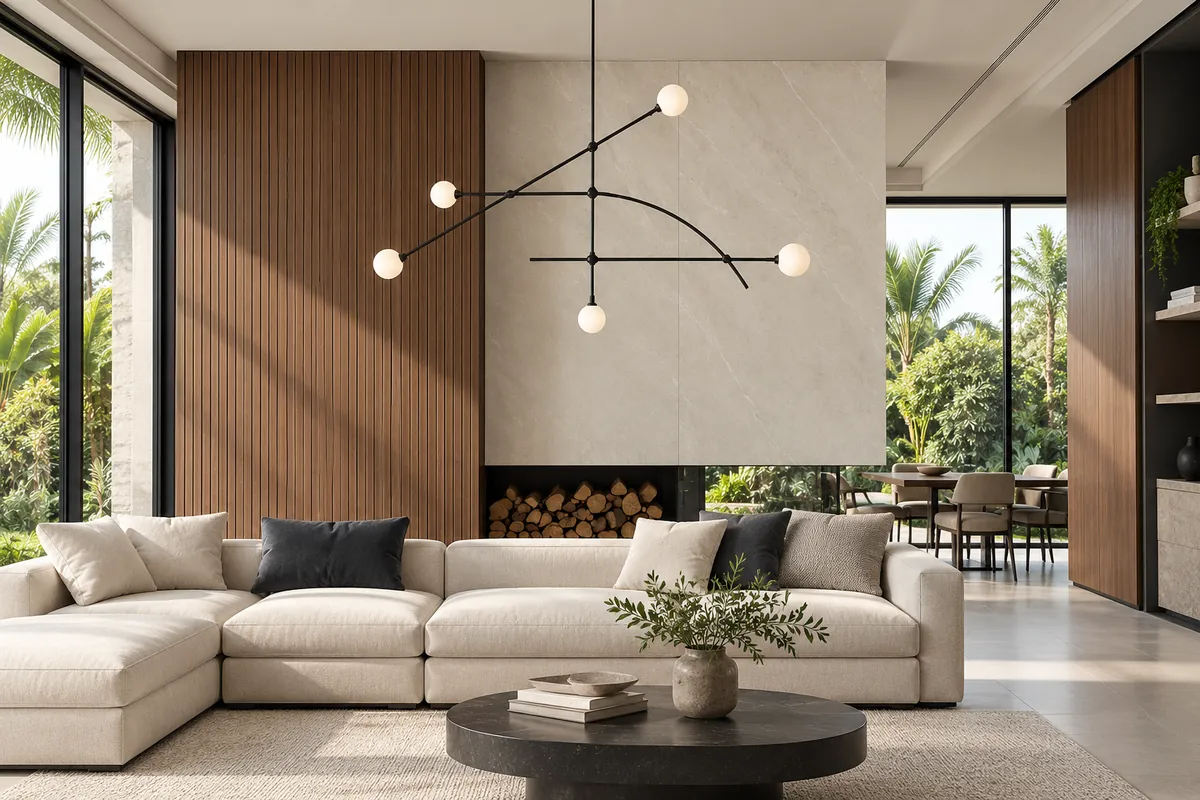 Illustrative contemporary living room highlighting large-format tile and wood wall materials
