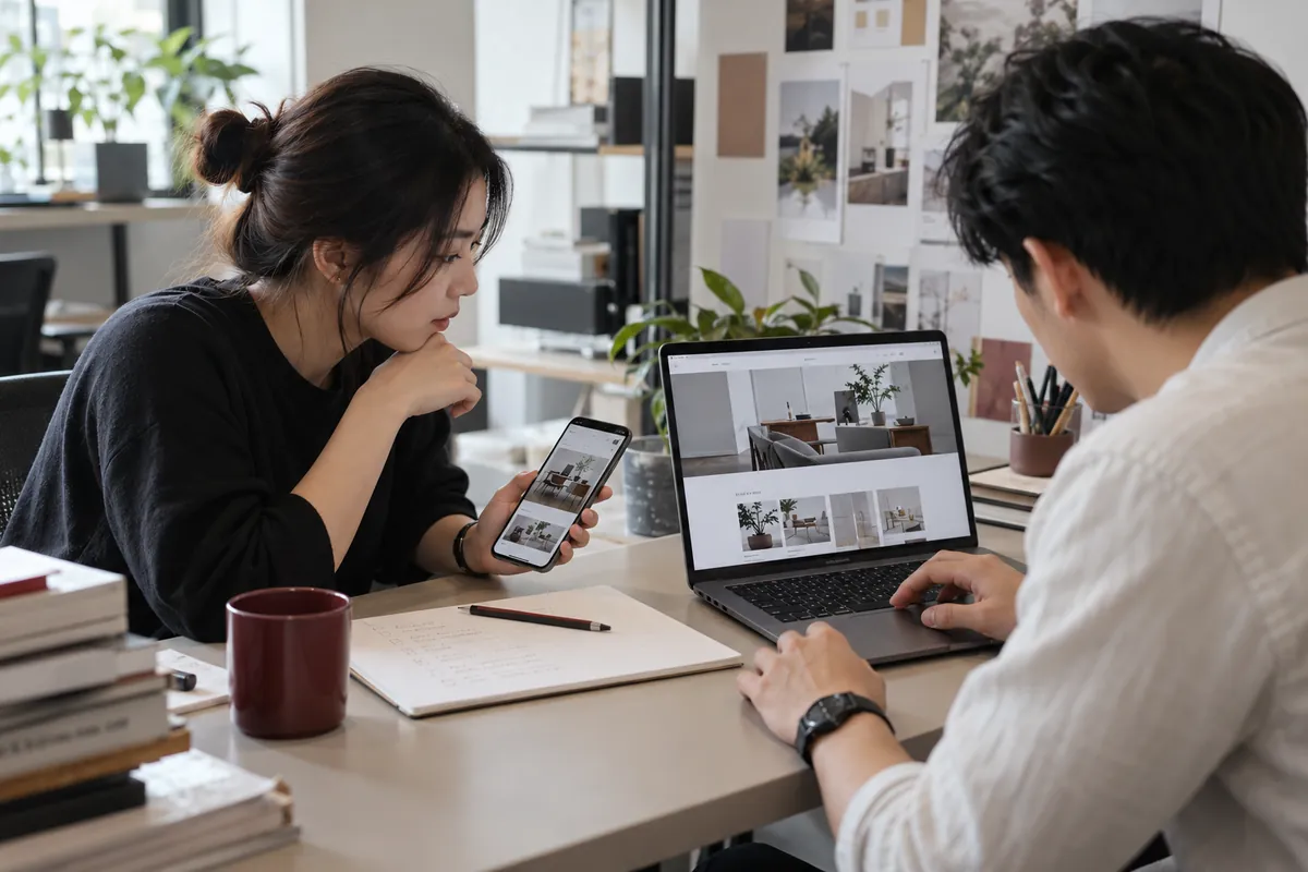 Illustrative designers checking a website across a laptop and phone
