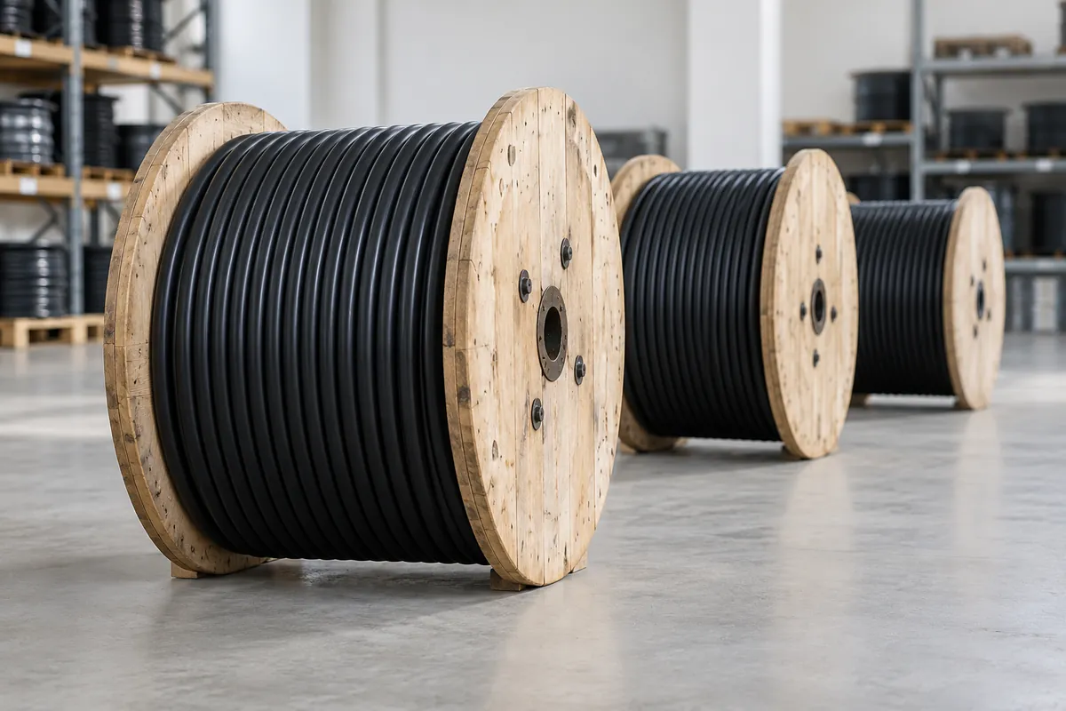Neatly arranged electrical cable reels in a clean cable supply warehouse