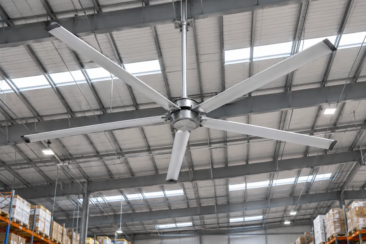Large HVLS industrial ceiling fan inside a warehouse