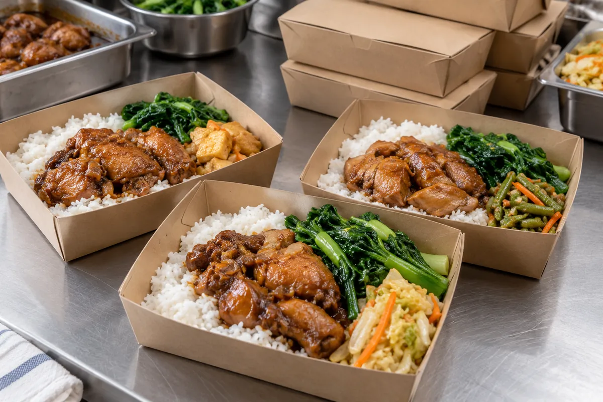 Freshly prepared home-style rice meals at a daily catering packing station