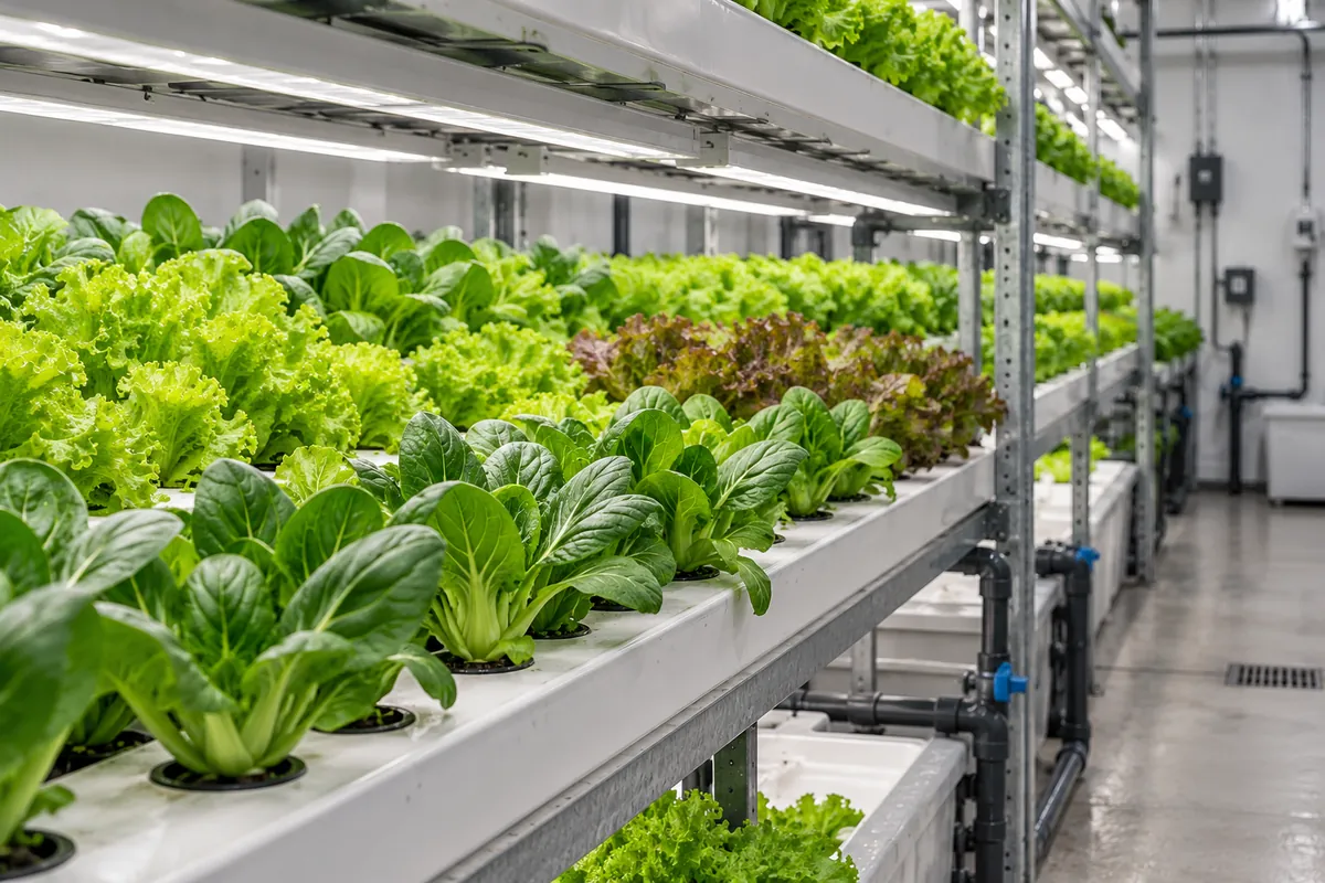 Leafy vegetables growing on indoor hydroponic racks under white grow lights