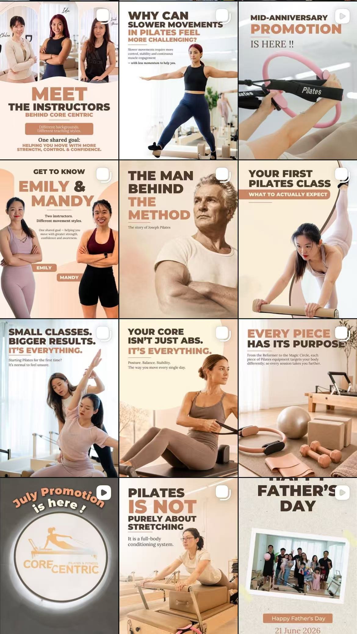CLIPKER’s social media content and branding for Core Centric Pilates, shown as a twelve-post Instagram feed