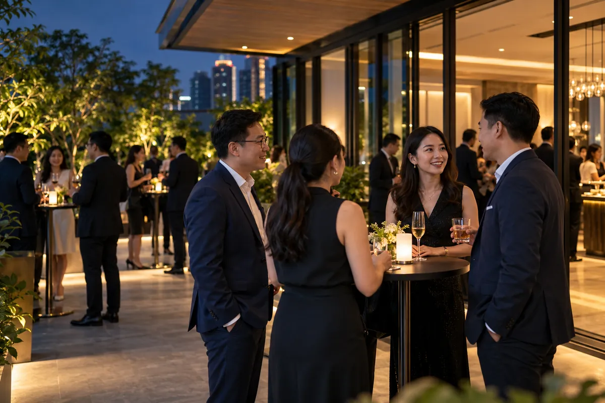 Illustrative evening business networking reception on a modern terrace