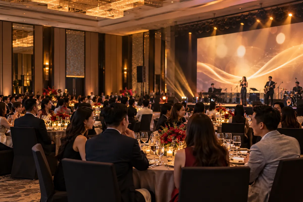 Illustrative anniversary banquet with a lit stage and round tables