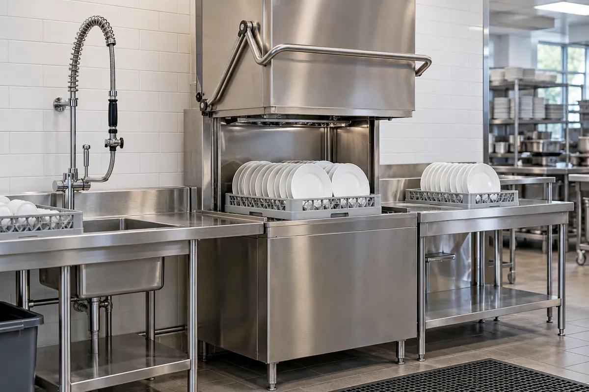 Commercial hood-type dishwasher and plate racks in a stainless steel kitchen