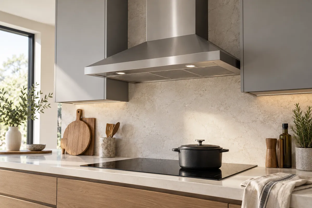 Cooker hood and cooktop in a contemporary home kitchen