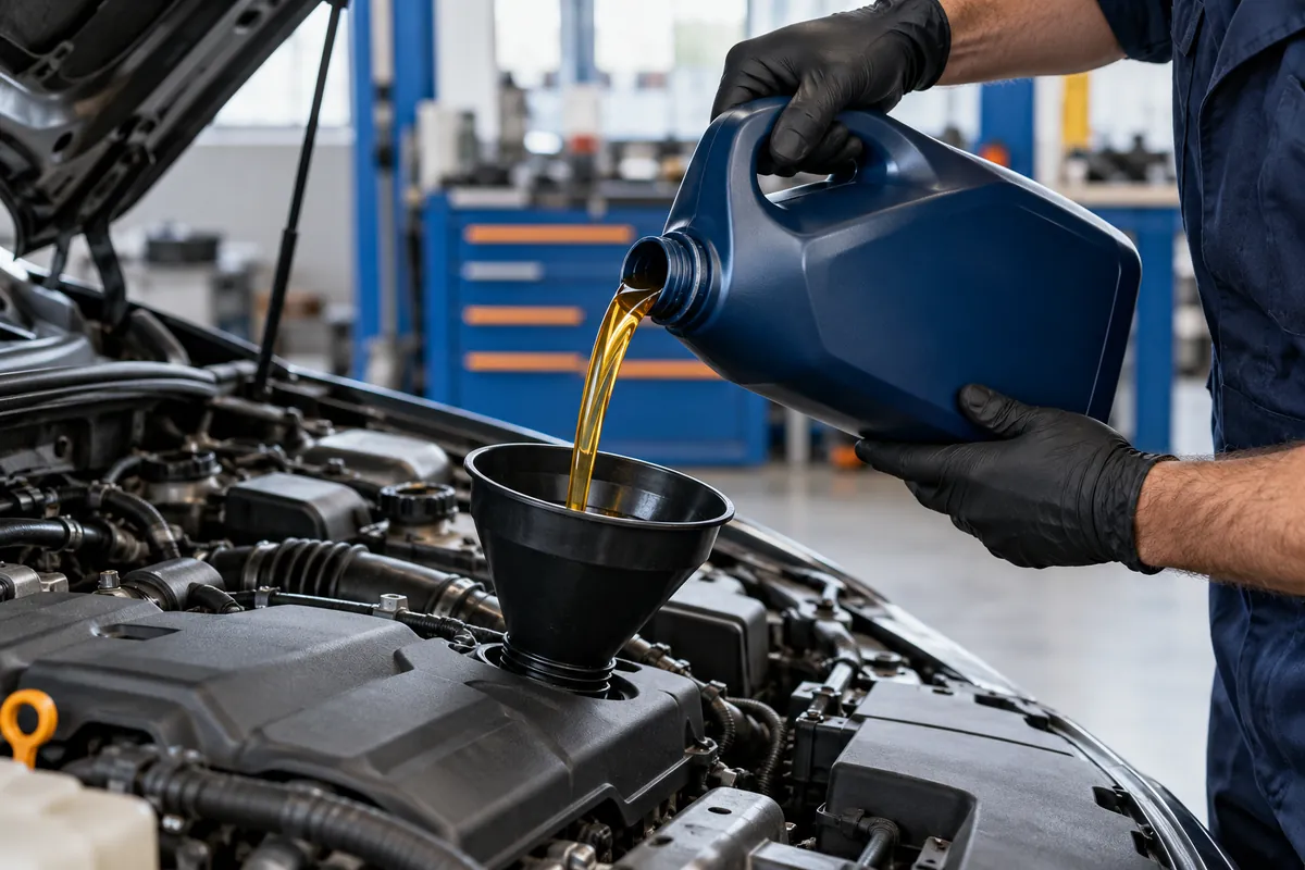 Engine oil being poured into a car during an automotive service