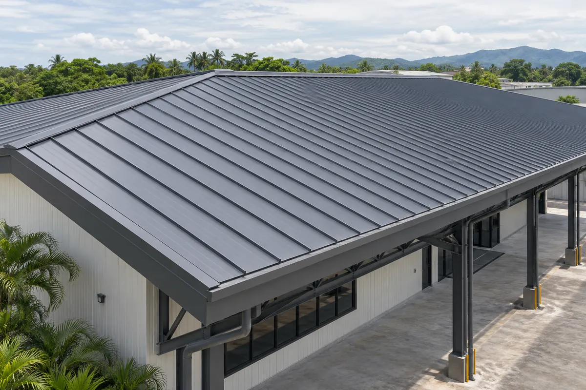 Completed standing-seam metal roof and supporting steel canopy