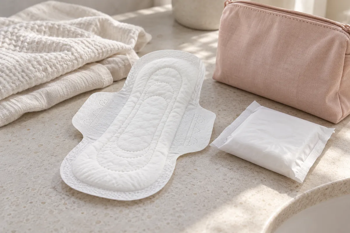 Sanitary pads and a blush pouch on a neutral stone vanity