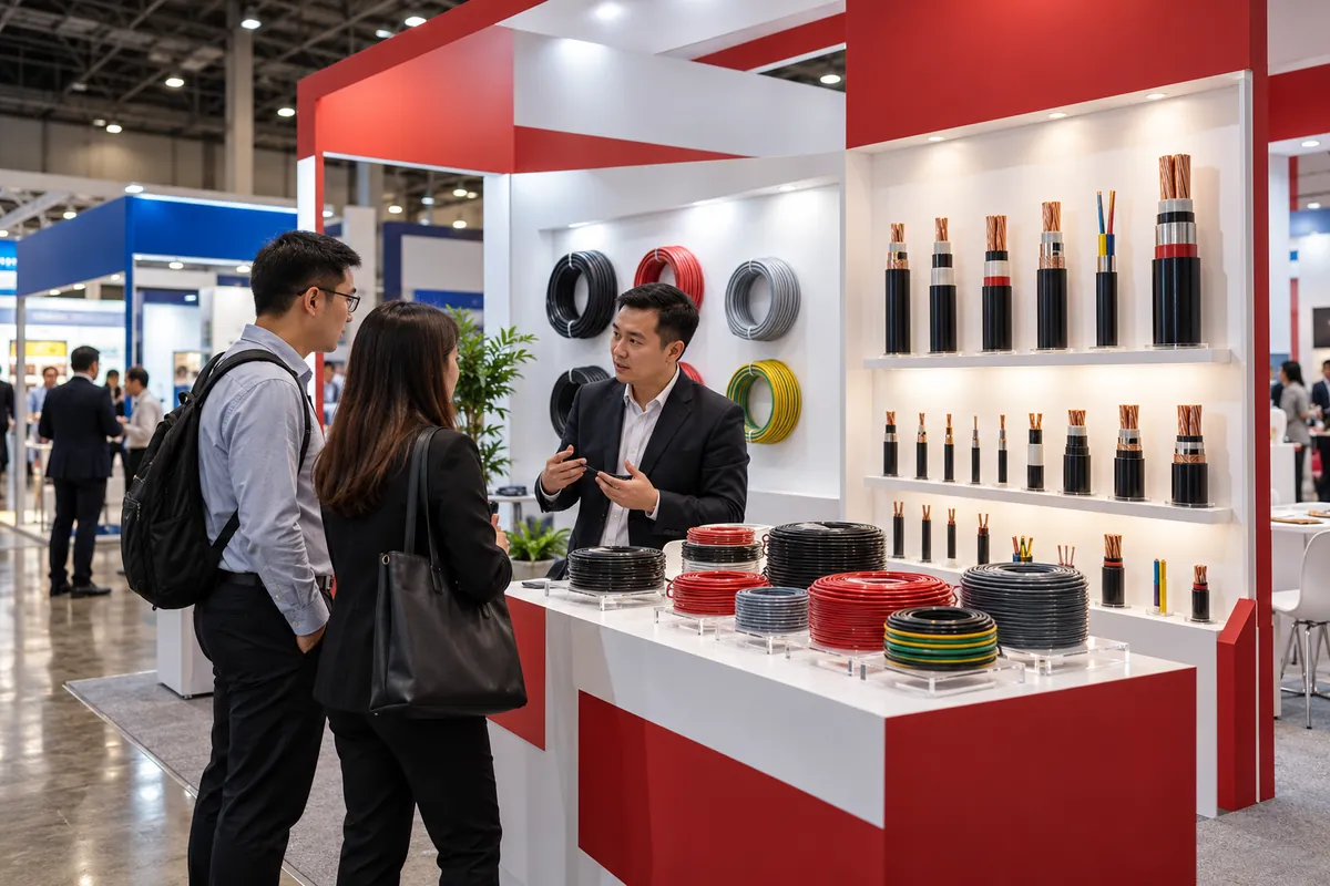 Illustrative cable exhibition stand with product displays and visitors