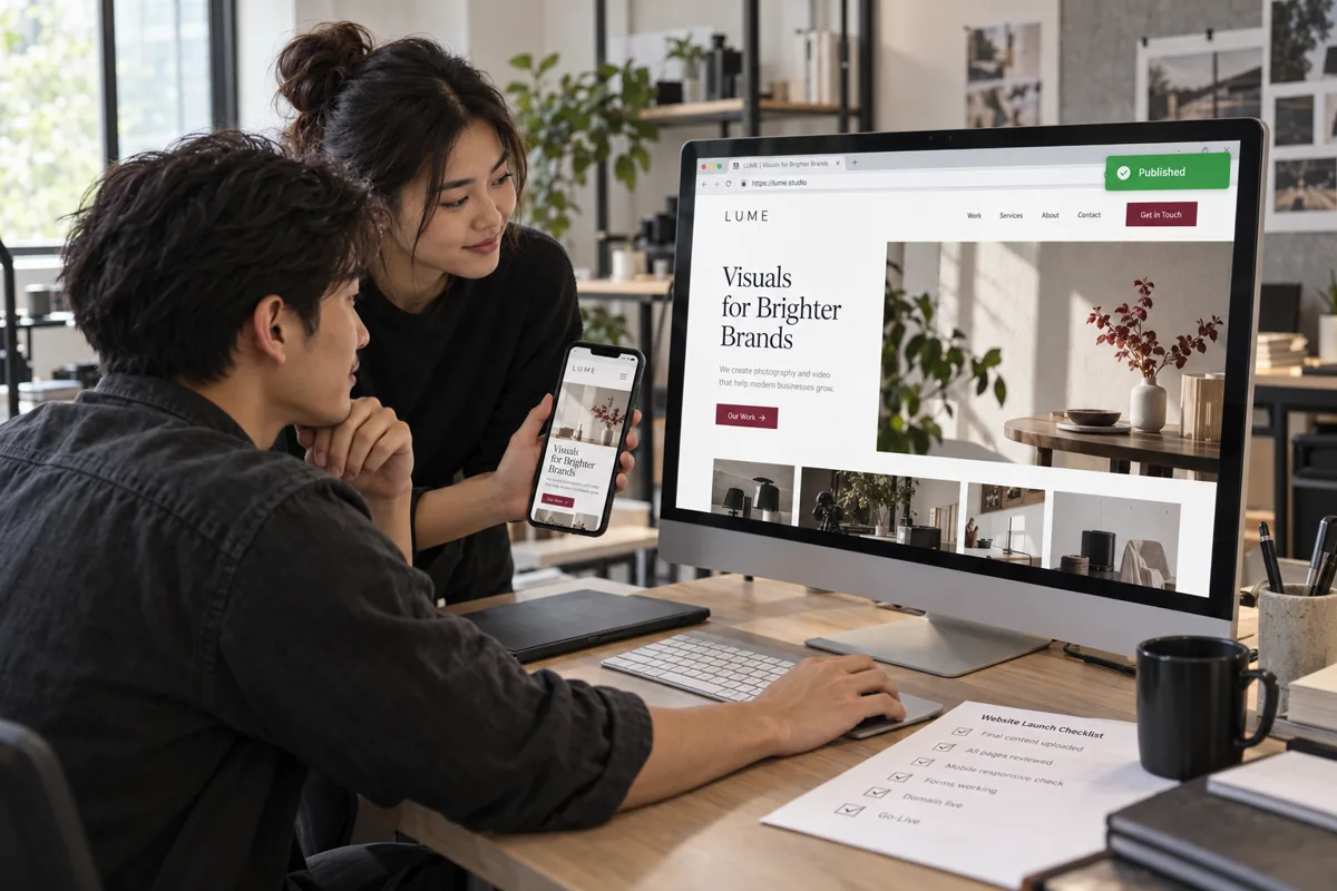 Illustrative website launch with a published business website on desktop and mobile.